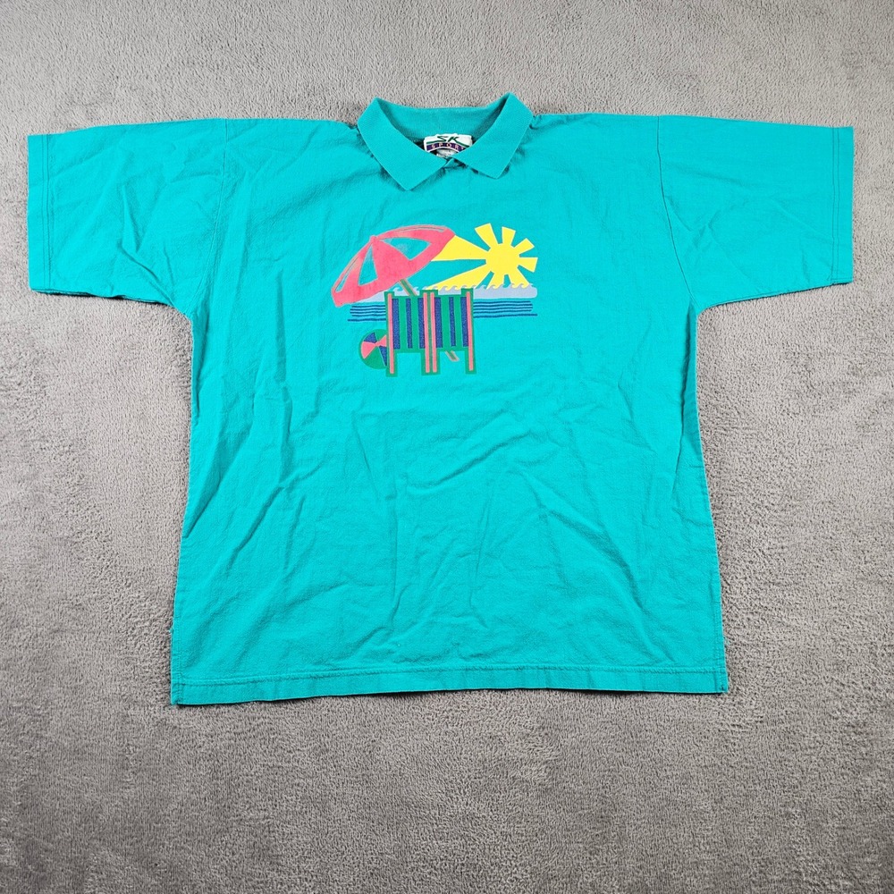 Vintage SK Sport Teal Beach Graphic Polo Shirt Mens Large Made in USA 90s Cotton